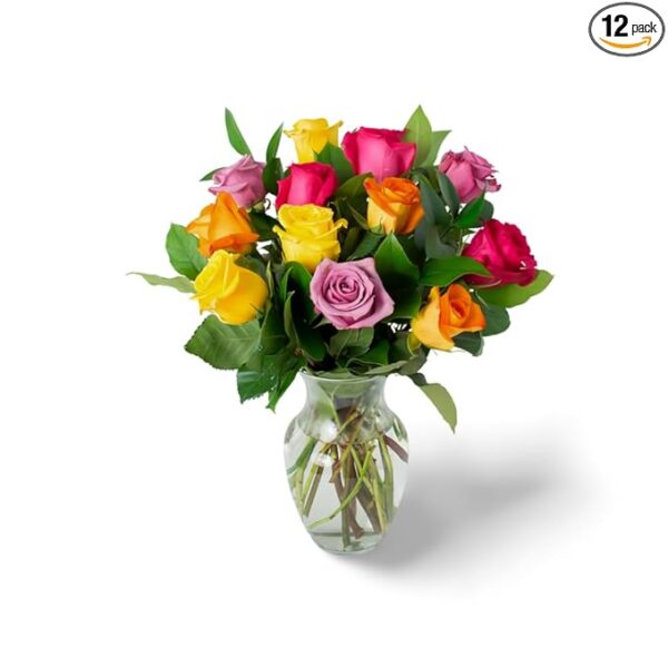 Mother's Day Collection - 12 Assorted Roses and Greens with Vase