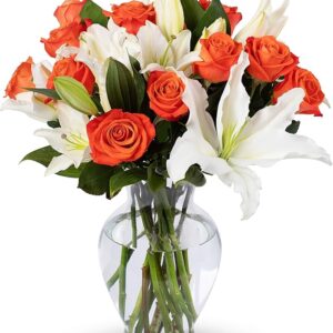 Oriental Lilies & Orange Roses (Glass Vase Included